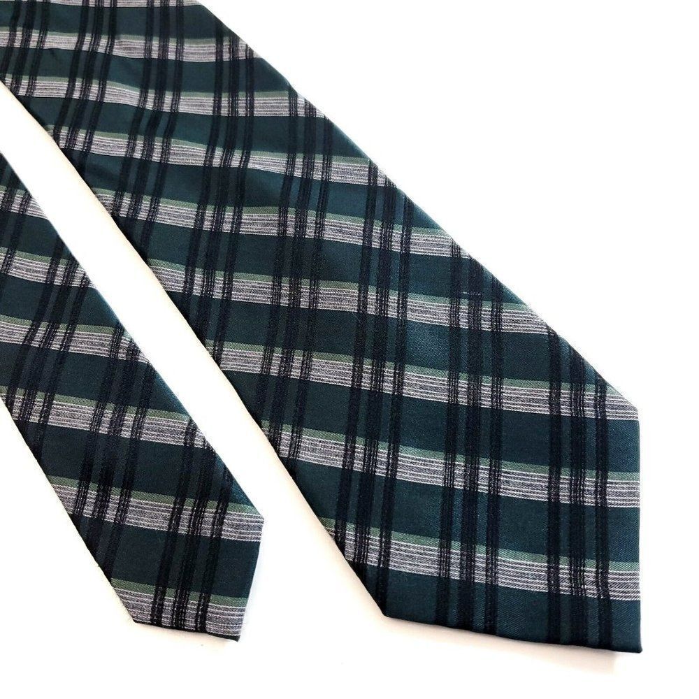 Calvin Klein‎ Green Gray Plaid Woven Viscose Silk Tie